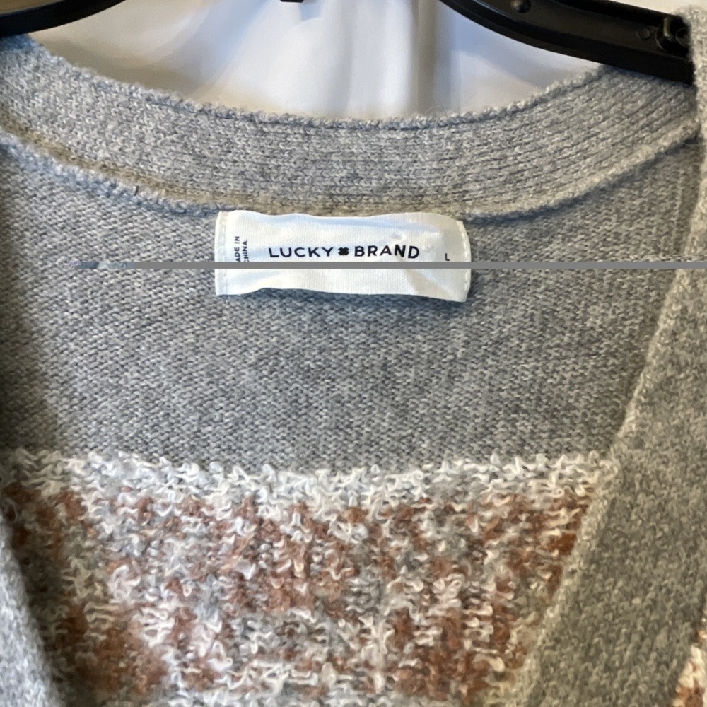 Lucky Brand Dress Women Large‎ Gray Pink Fair Isle Nordic Sweater Knit Tie Boho - Picture 8 of 13